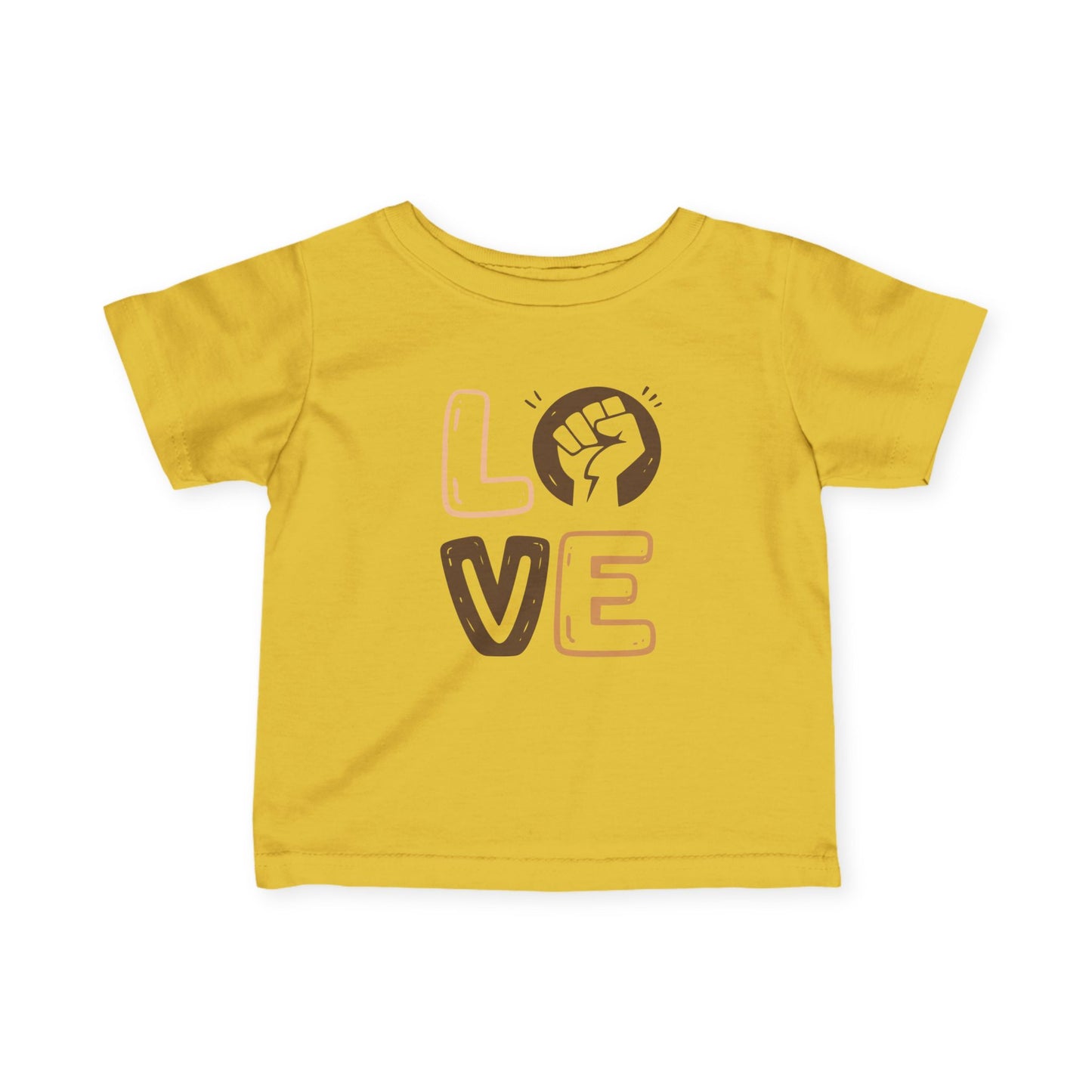 Yellow t-shirt with 'LOVE' and a fist graphic on a white background
