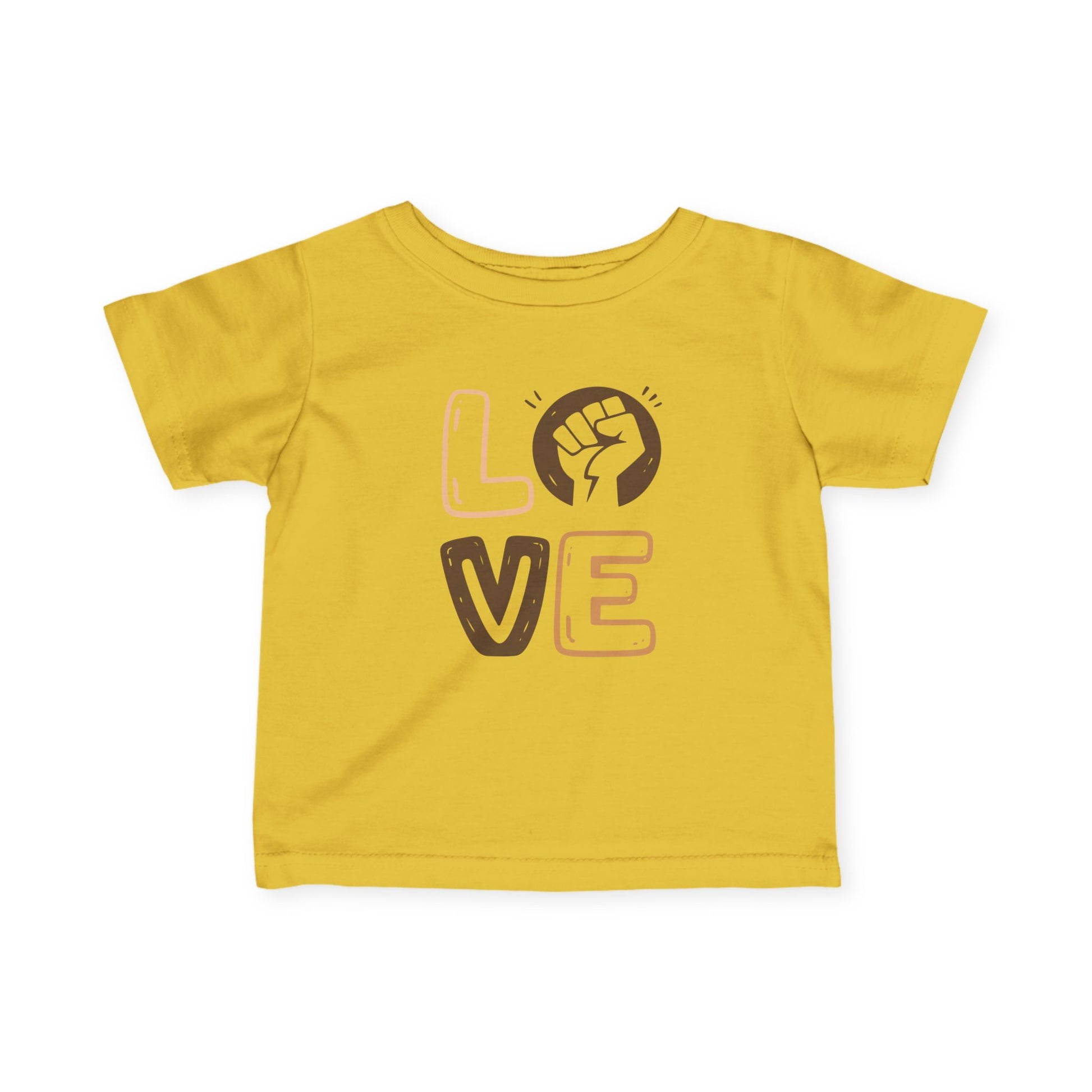 Yellow t-shirt with 'LOVE' and a fist graphic on a white background