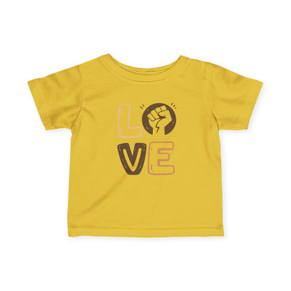 Yellow t-shirt with 'LOVE' and a fist graphic on a white background