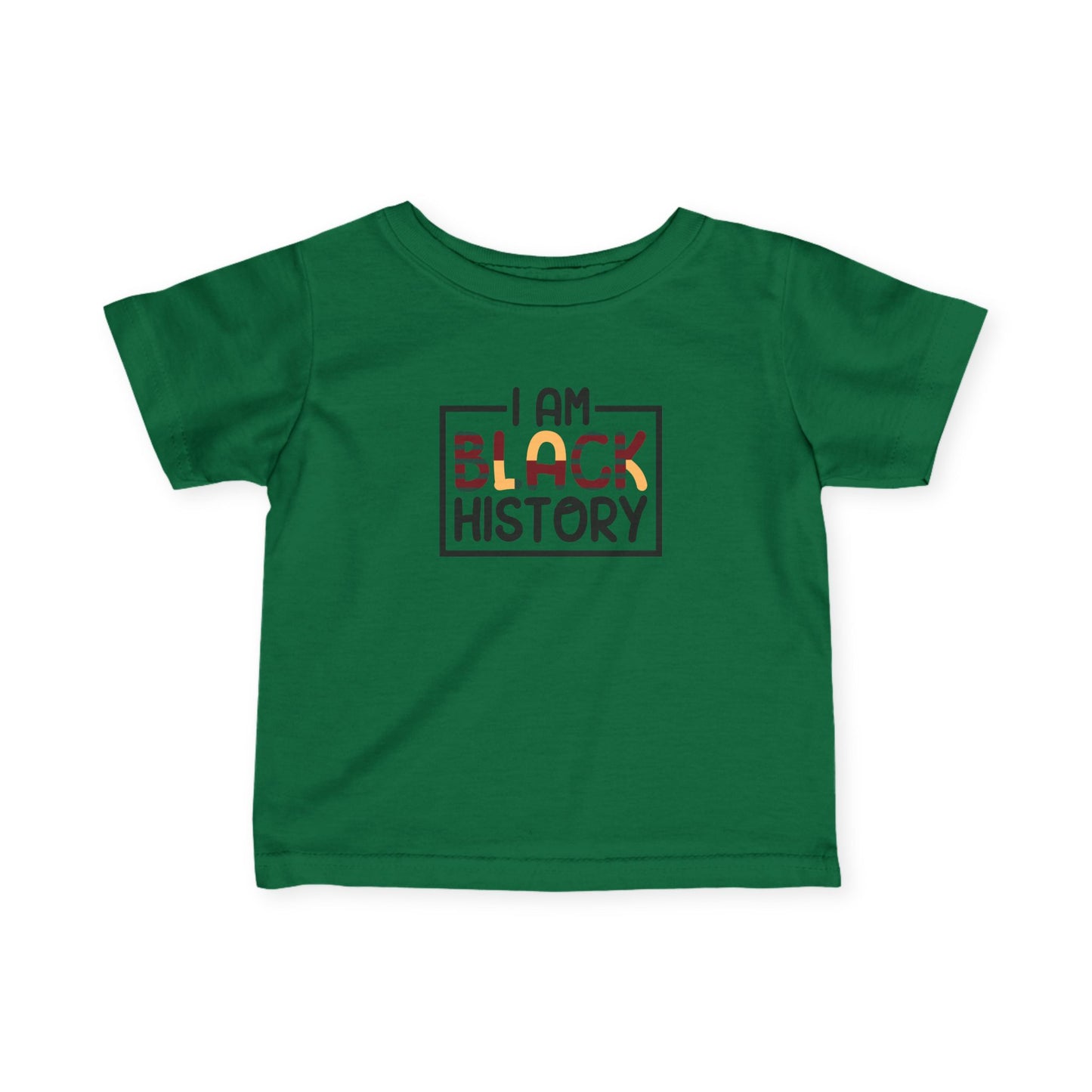 Green t-shirt with 'I AM BLACK HISTORY' text on a white background