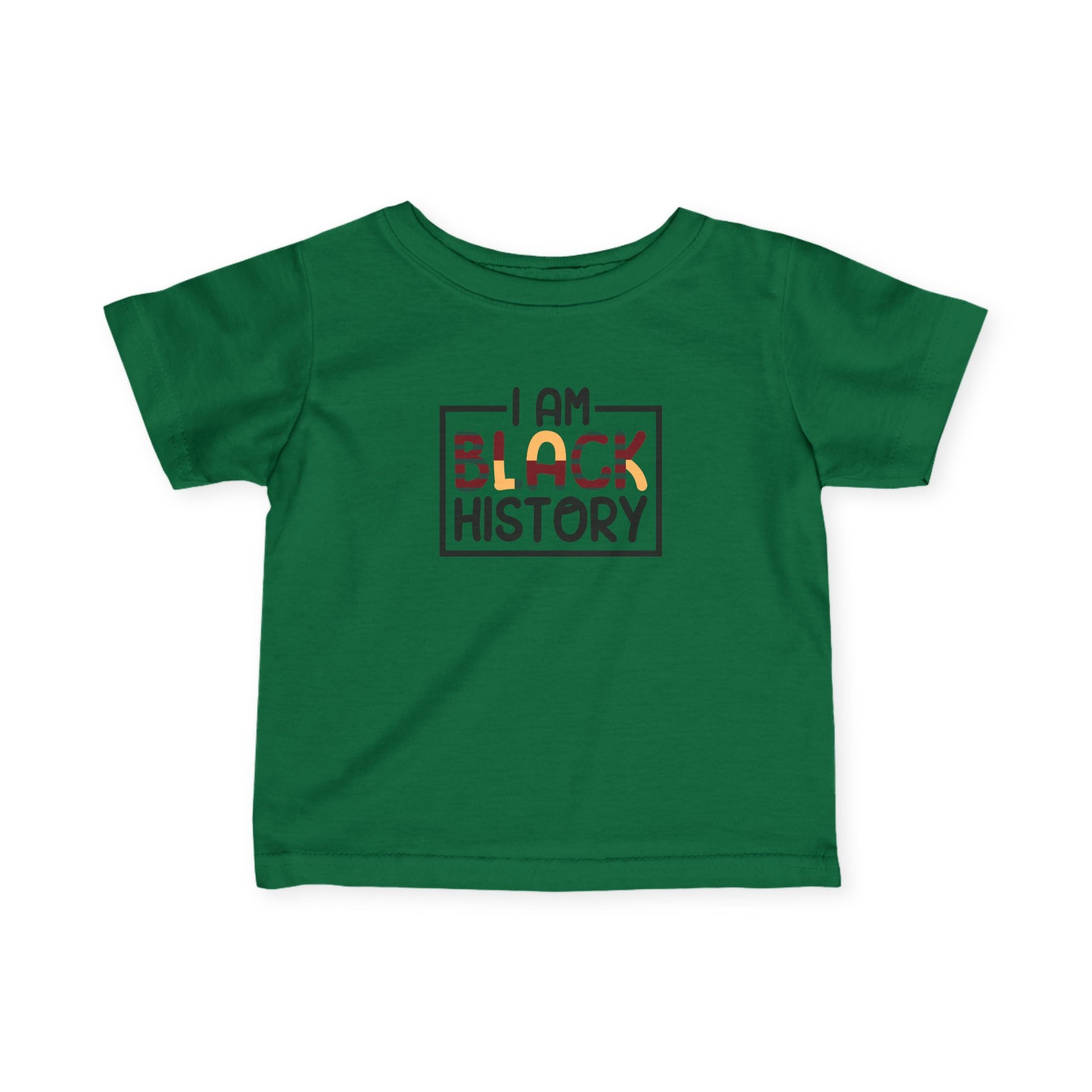 Green t-shirt with 'I AM BLACK HISTORY' text on a white background