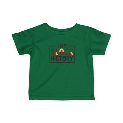 Green t-shirt with 'I AM BLACK HISTORY' text on a white background