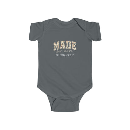 Gray baby onesie with 'made for more' text and Ephesians 2:10