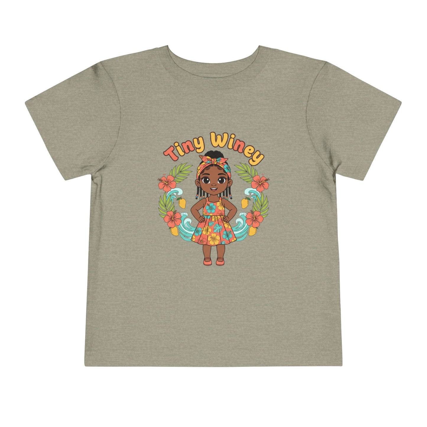 Children's t-shirt with a graphic of a girl and 'Tiny Winey' text on a beige background