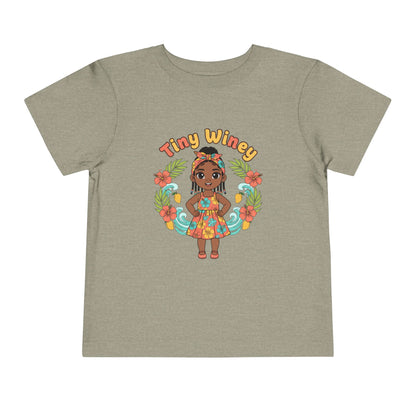 Children's t-shirt with a graphic of a girl and 'Tiny Winey' text on a beige background