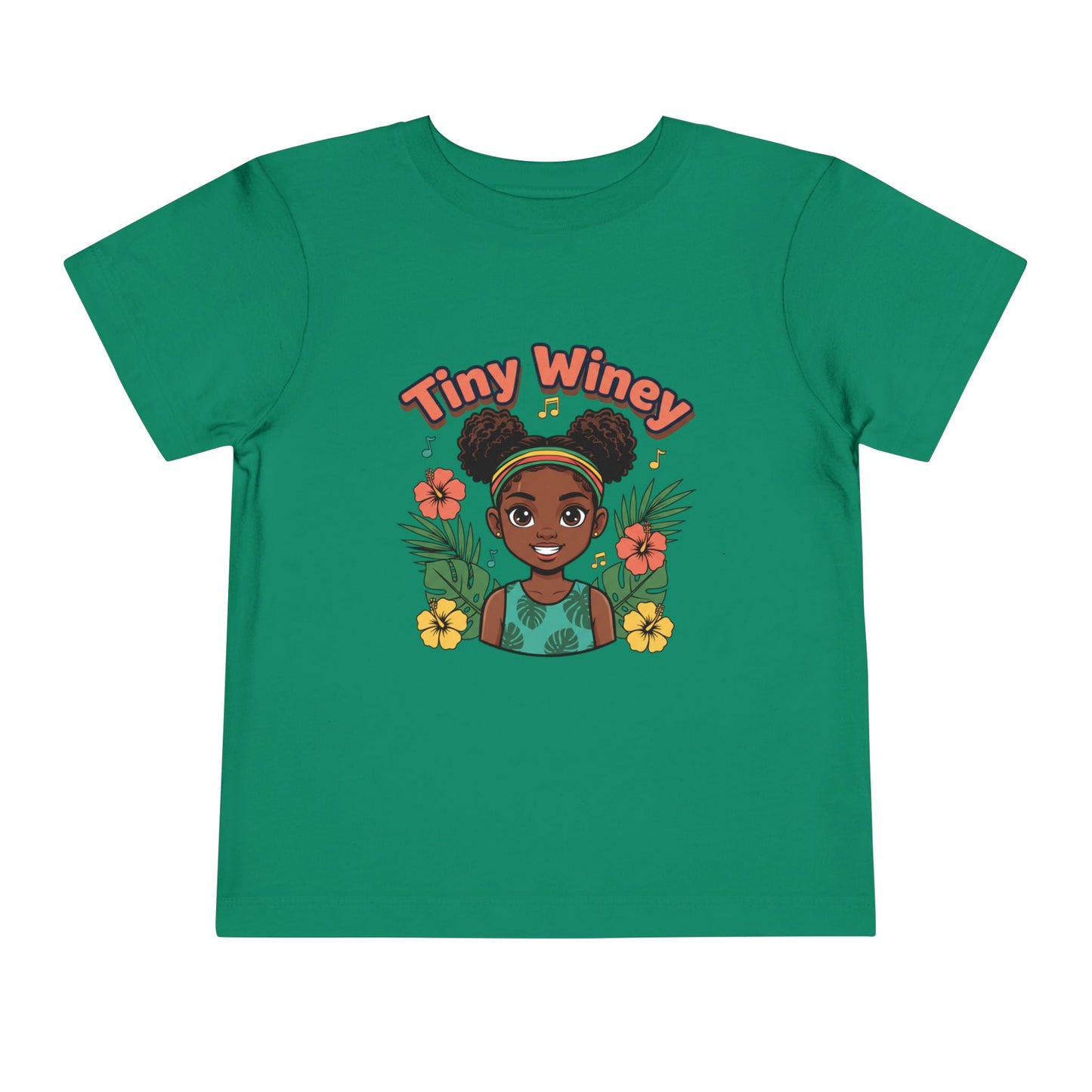Green t-shirt with 'Tiny Winey' graphic design on a white background