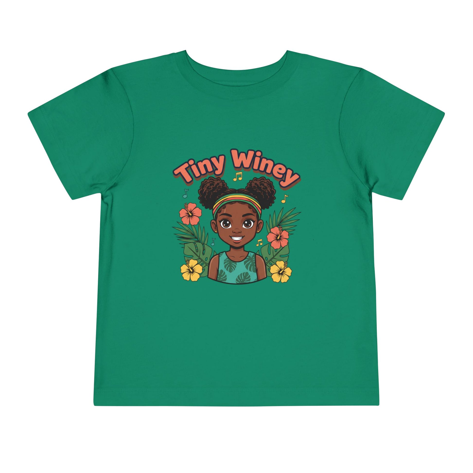 Green t-shirt with 'Tiny Winey' graphic design on a white background
