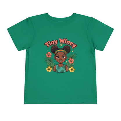 Green t-shirt with 'Tiny Winey' graphic design on a white background