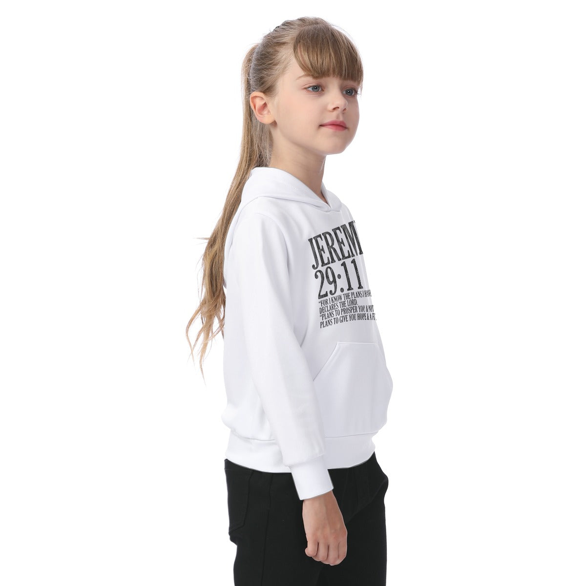 Young girl wearing a white hoodie with text on a white background