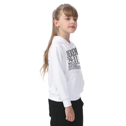 Young girl wearing a white hoodie with text on a white background