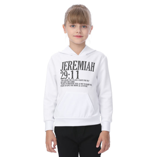 Child wearing a white hoodie with 'Jeremiah 29:11' text on a white background