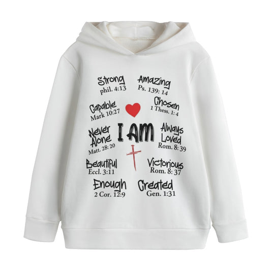 White hoodie with motivational Christian text and symbols on a white background