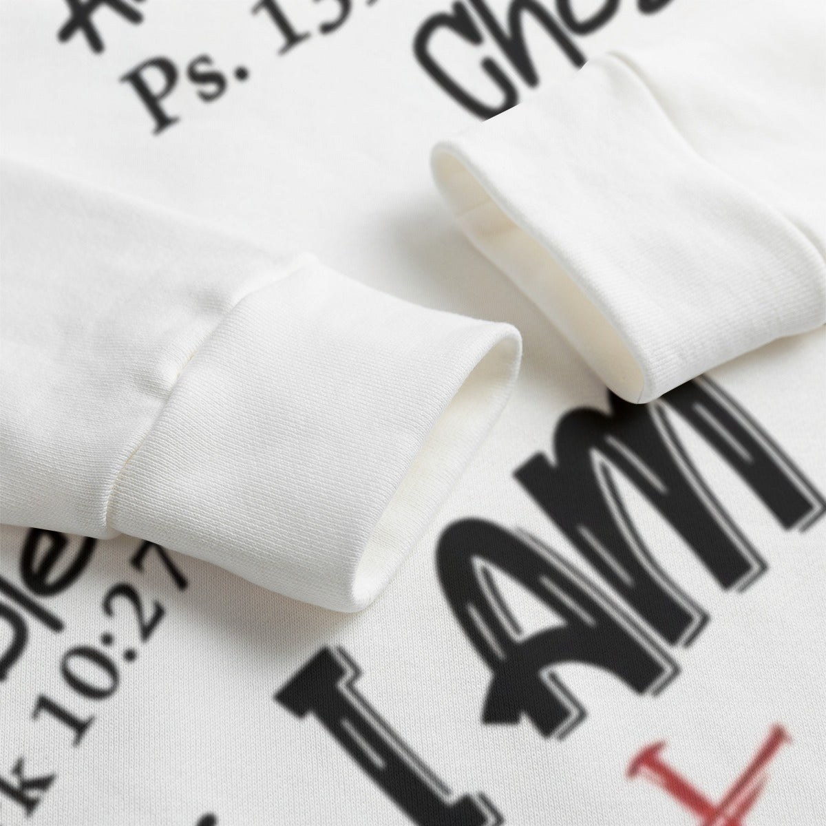 White sweatshirt with text design on a white background