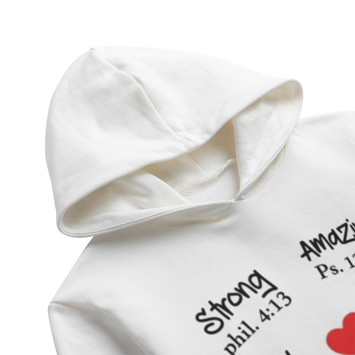 White hoodie with Christian text and a heart design on a white background