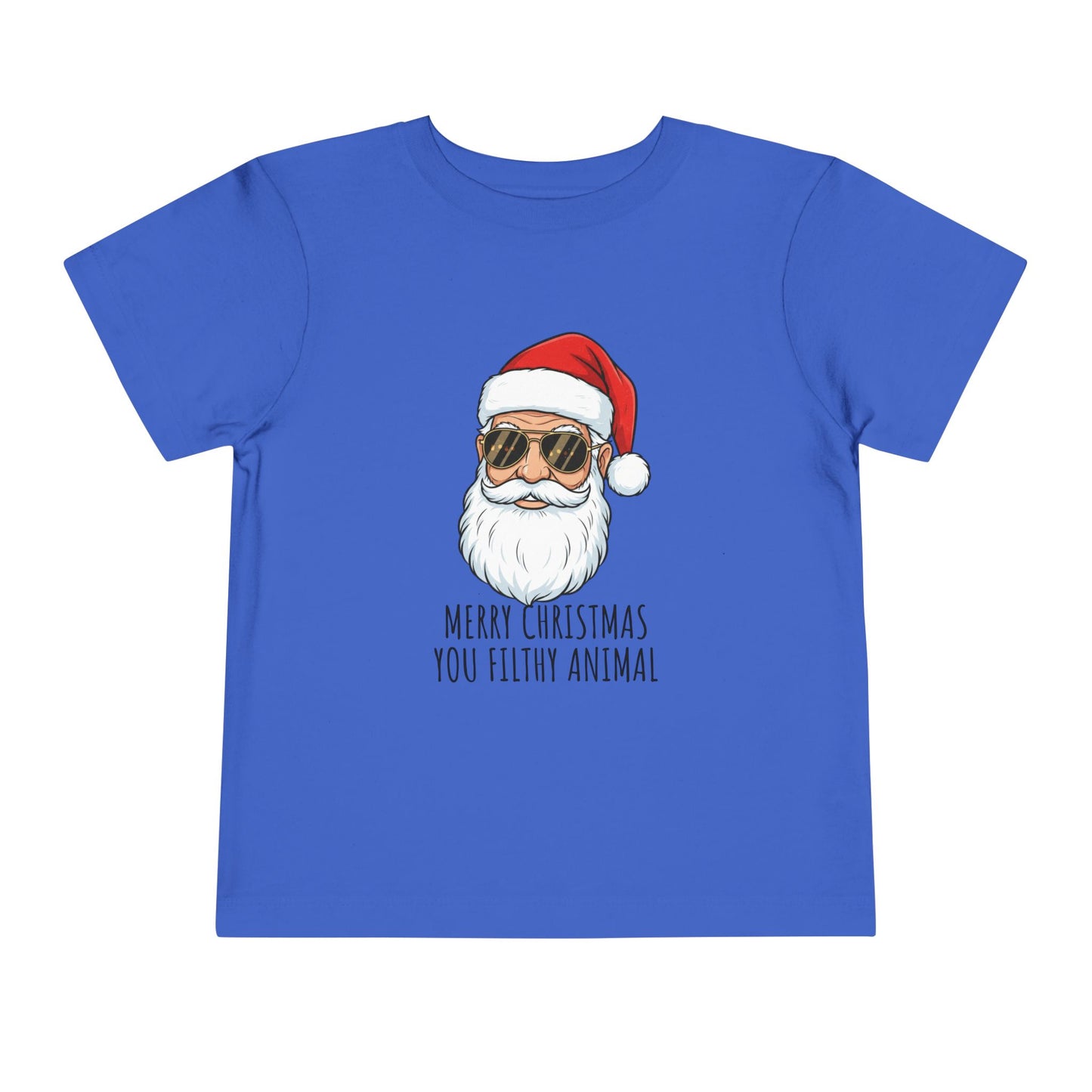 Blue t-shirt with a graphic of Santa Claus and text on a white background