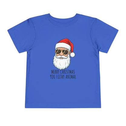 Blue t-shirt with a graphic of Santa Claus and text on a white background