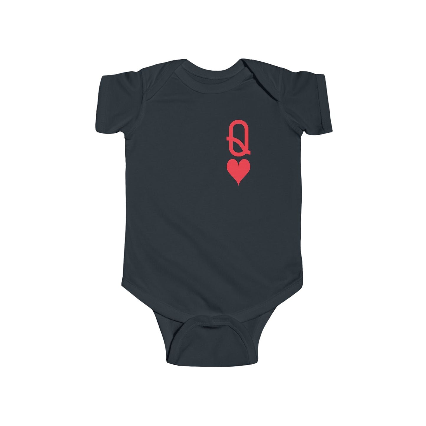 Black baby onesie with a red logo on a white background