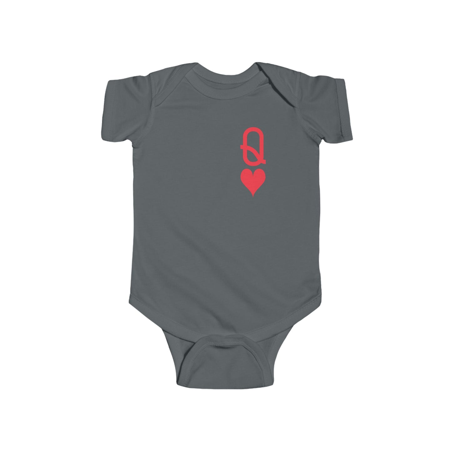 Gray baby onesie with a red logo on a white background