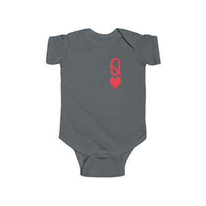 Gray baby onesie with a red logo on a white background