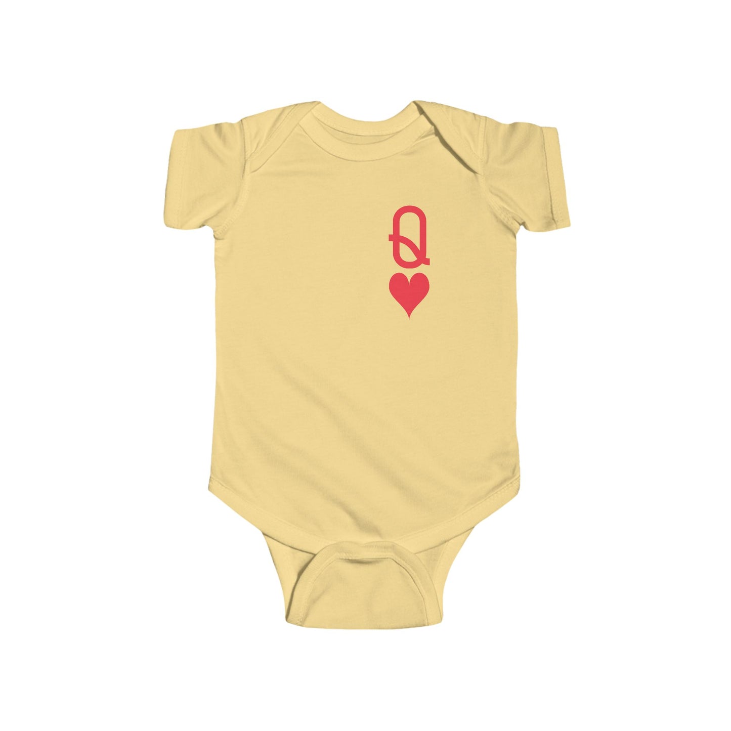 Yellow baby onesie with a red heart and letter Q design on a white background