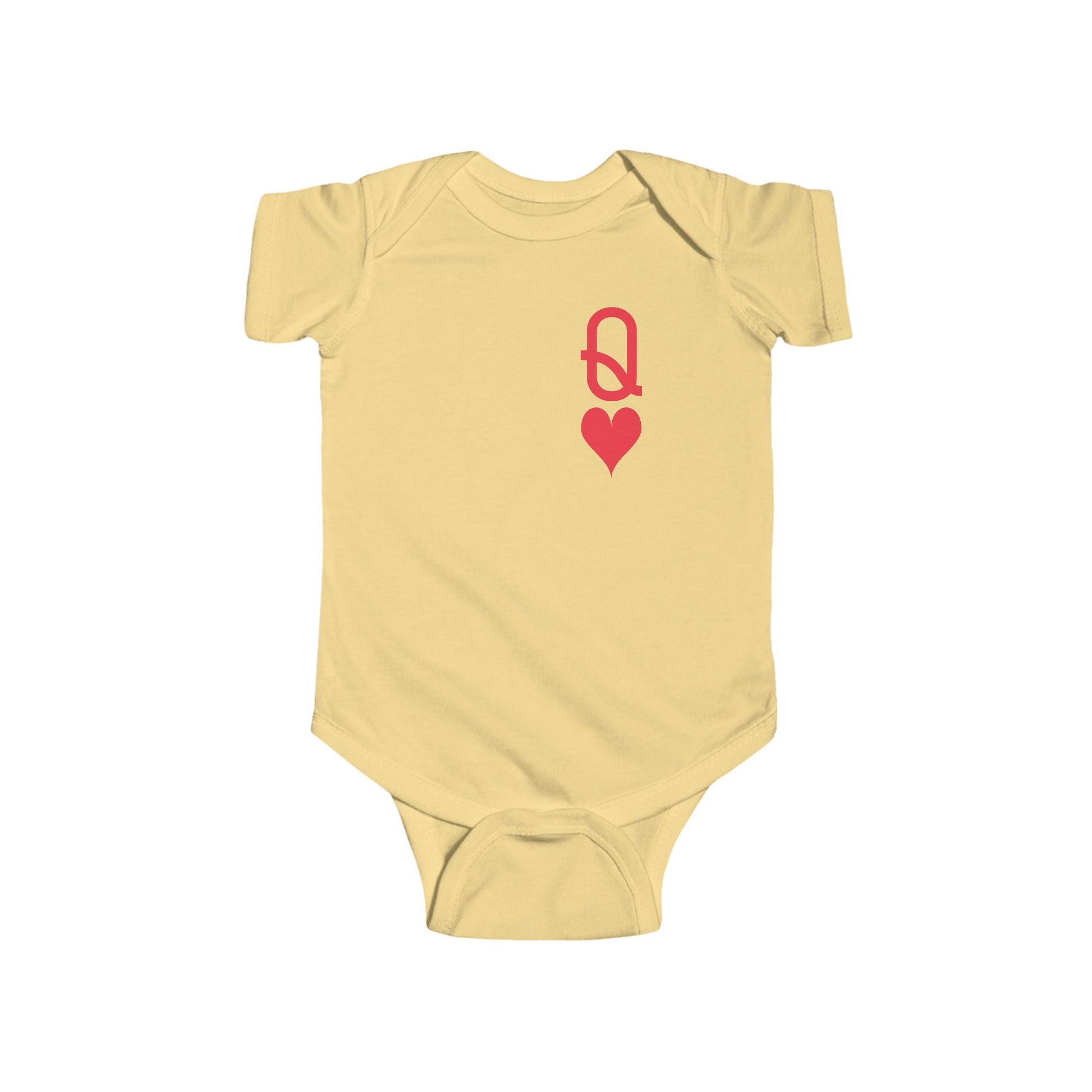 Yellow baby onesie with a red heart and letter Q design on a white background