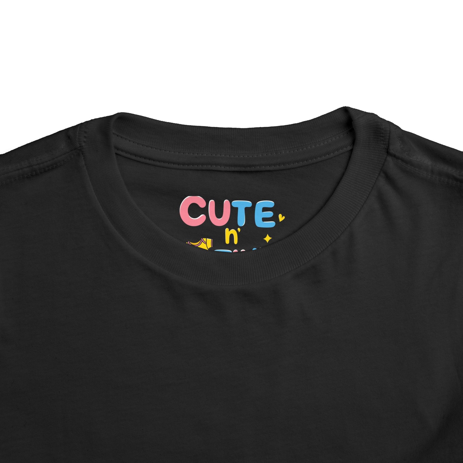 Black t-shirt with colorful 'CUTE n' text on a white background