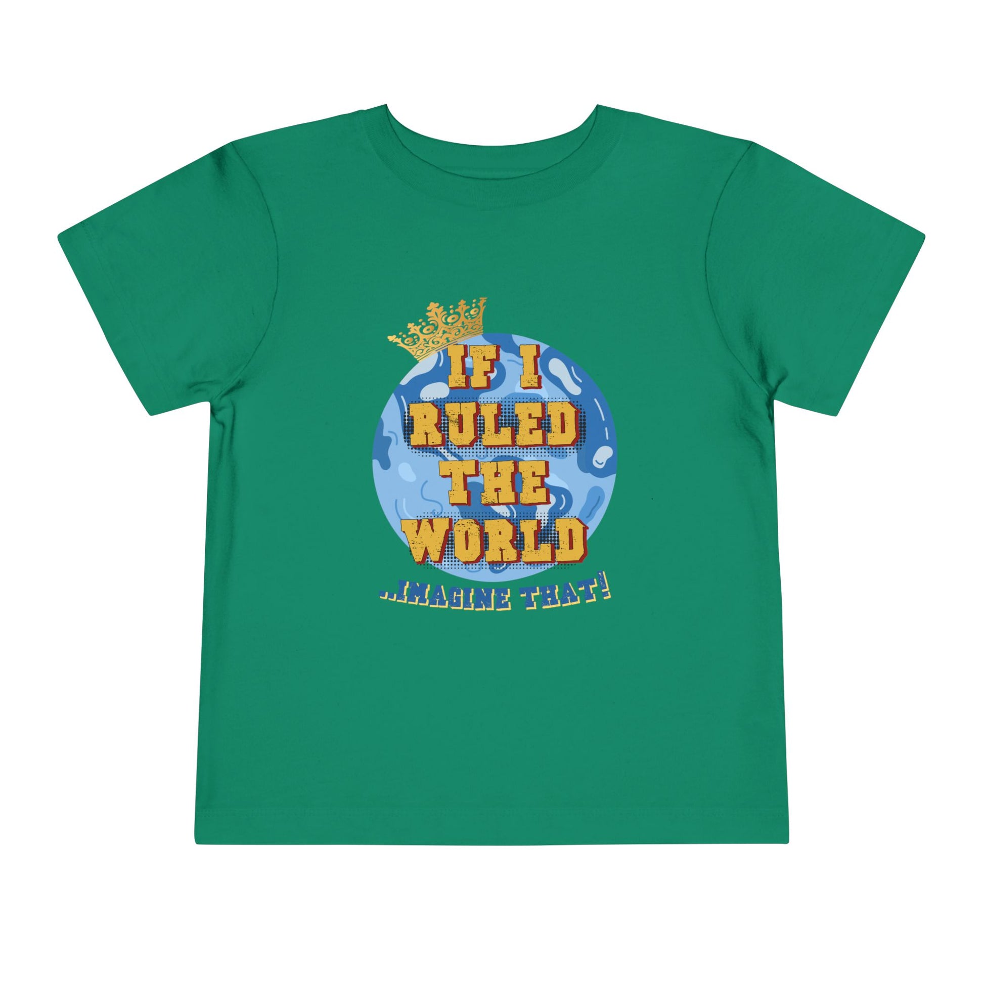 Green t-shirt with a graphic design of a globe and text on a white background