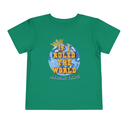 Green t-shirt with a graphic design of a globe and text on a white background