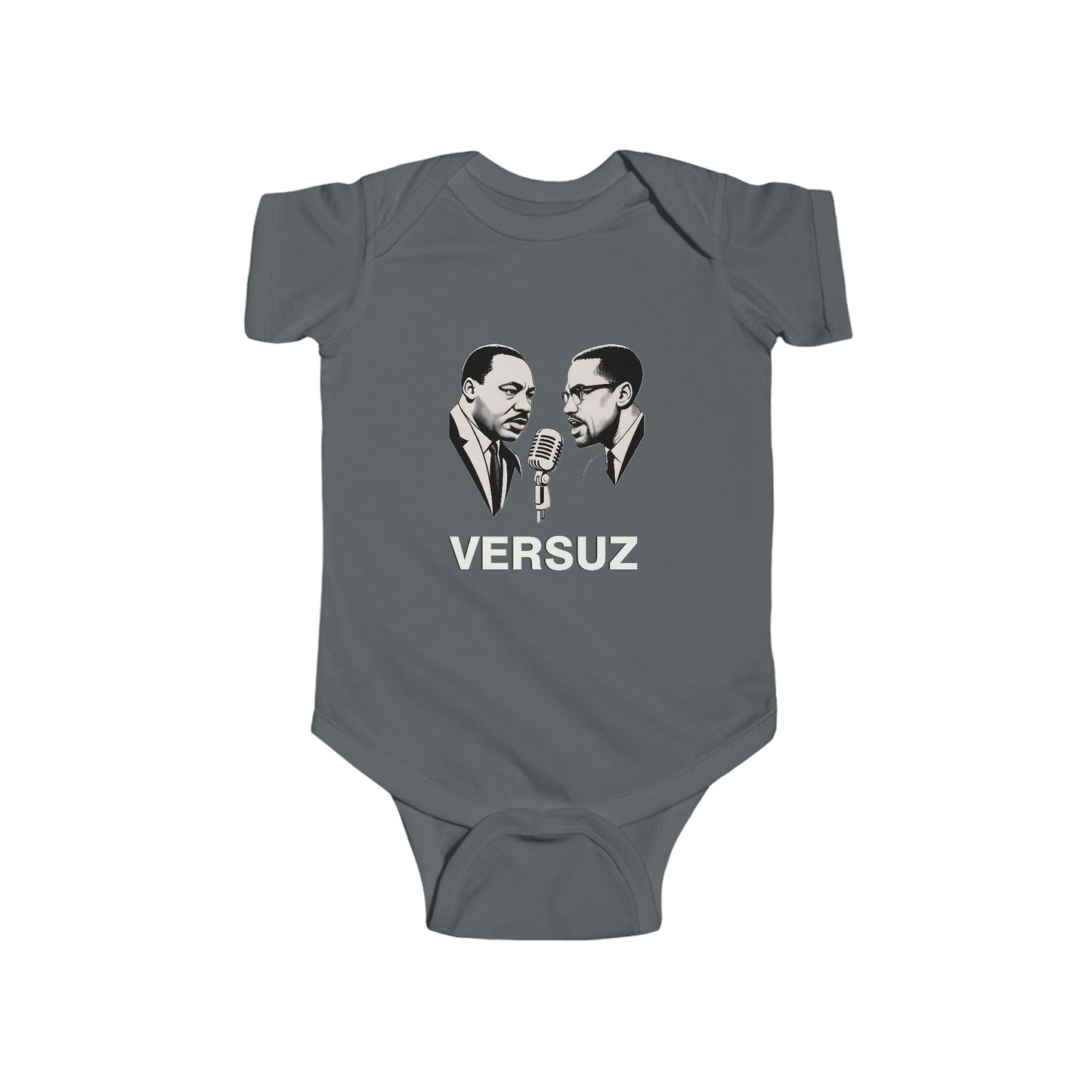 Gray baby onesie with a graphic of two men facing each other and the word 'VERSUZ' on a white background.