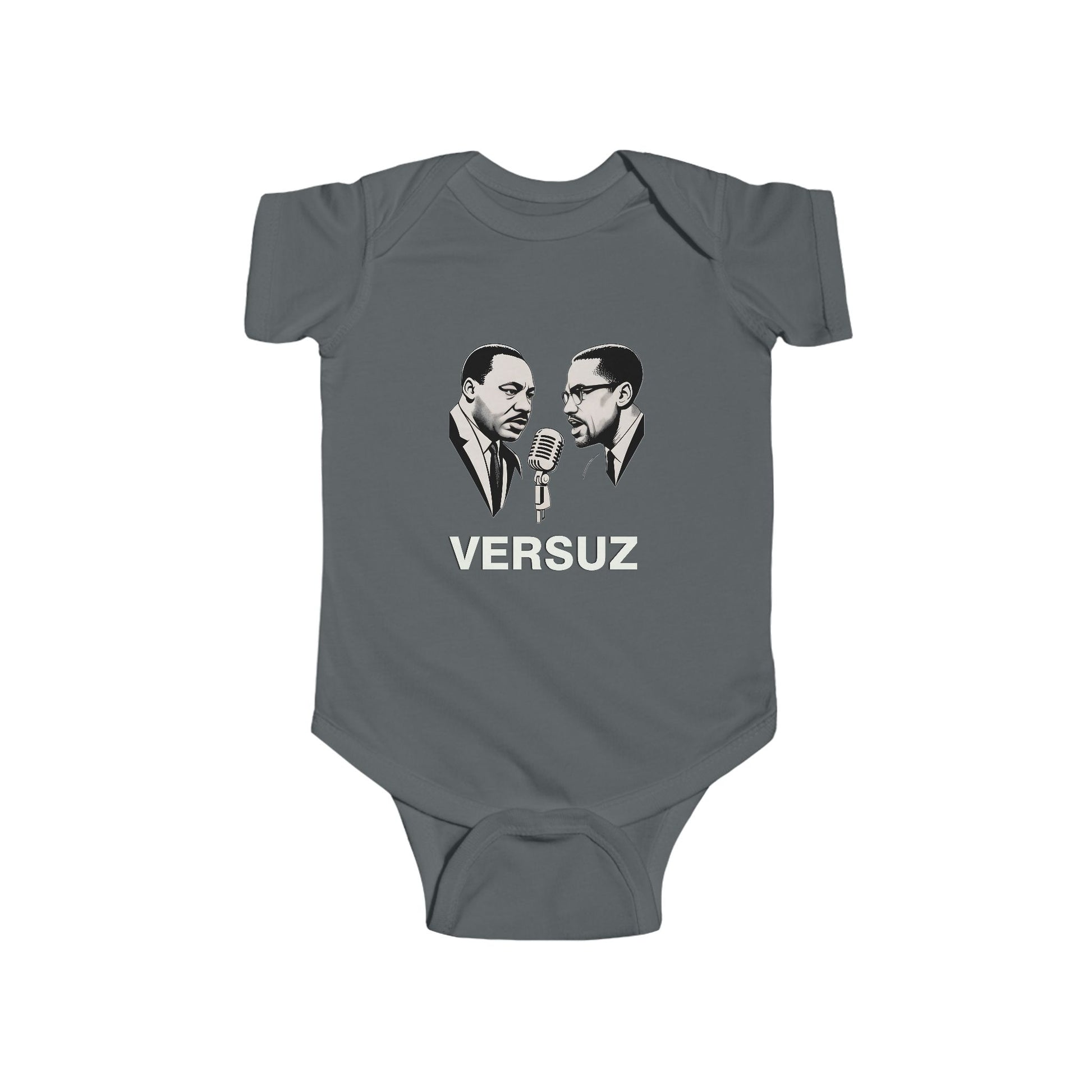 Gray baby onesie with a graphic of two men facing each other and the word 'VERSUZ' on a white background.
