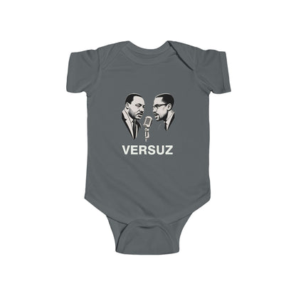 Gray baby onesie with a graphic of two men facing each other and the word 'VERSUZ' on a white background.