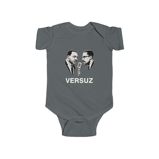 Gray baby onesie with a graphic of two men facing each other and the word 'VERSUZ' on a white background.