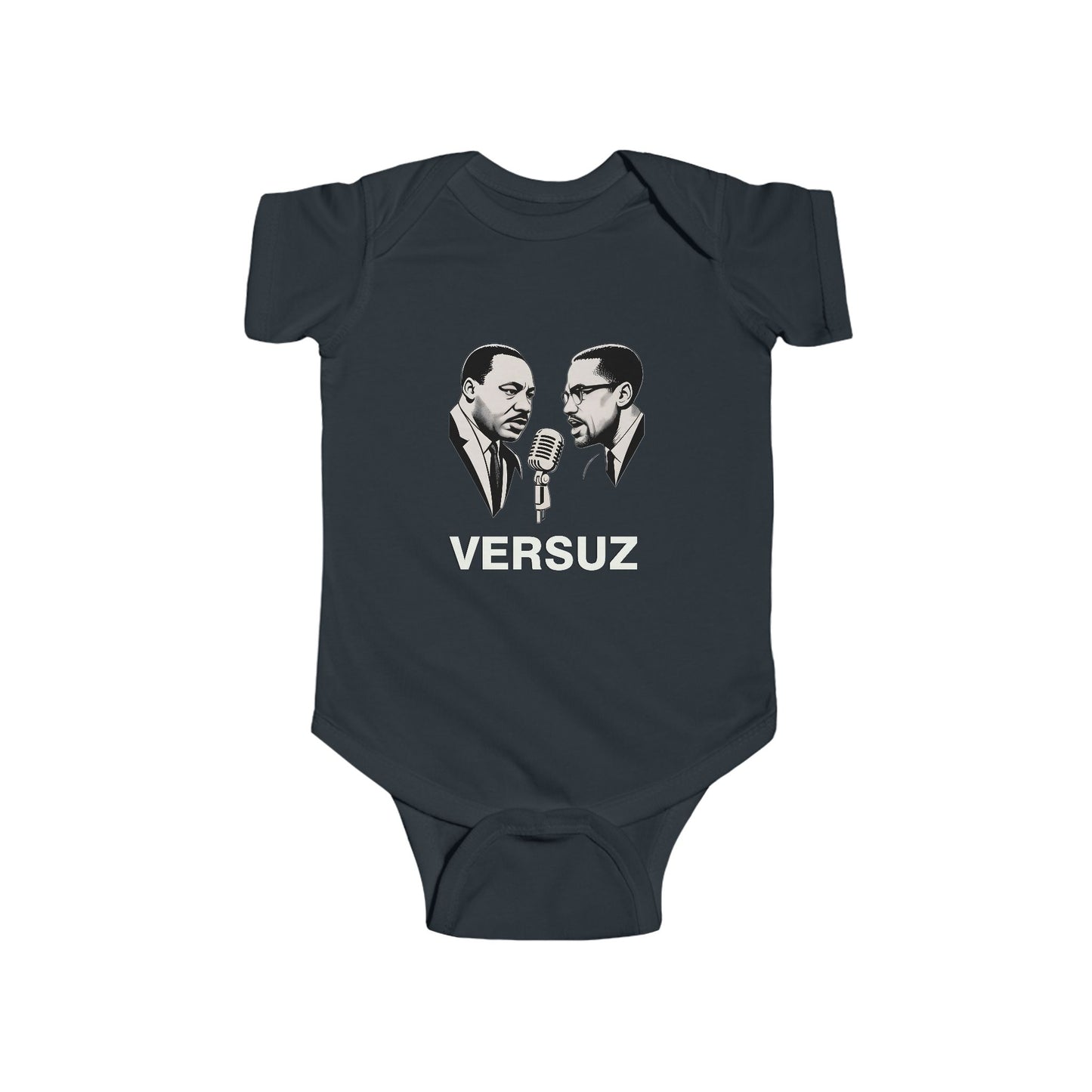 Navy blue baby onesie with graphic of two figures and 'VERSUZ' text on a white background
