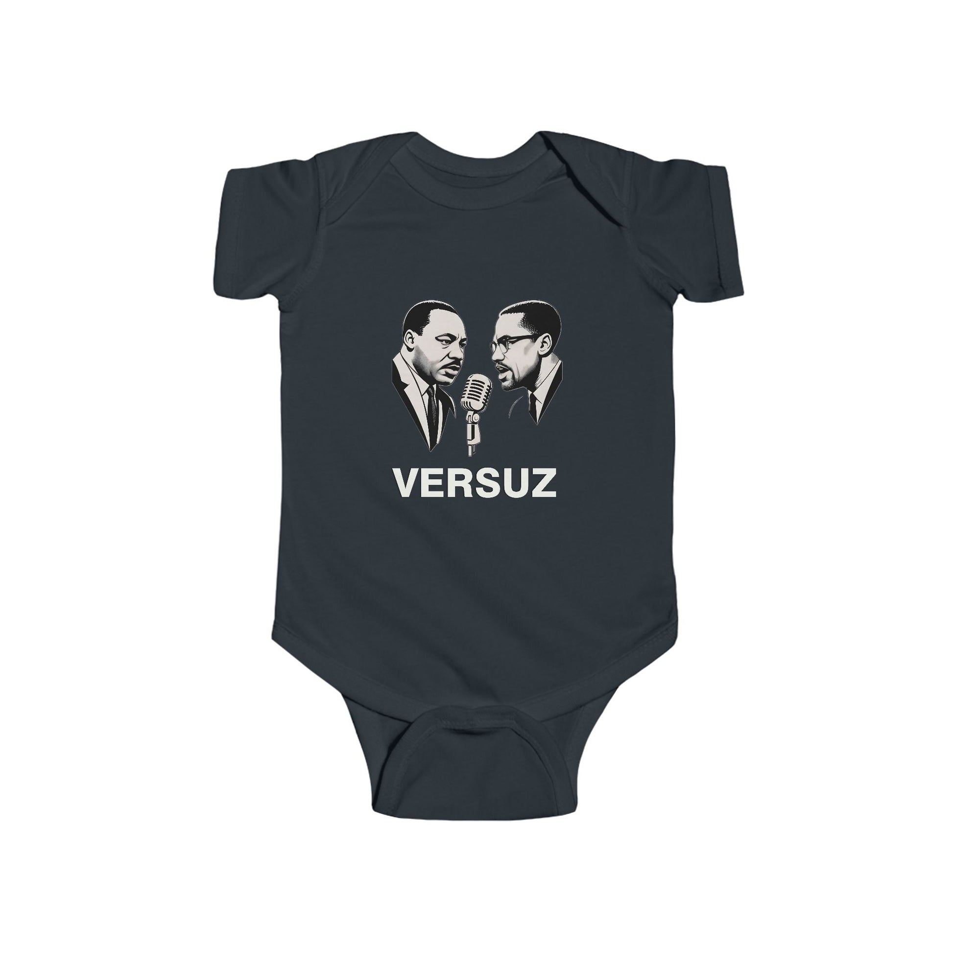Navy blue baby onesie with graphic of two figures and 'VERSUZ' text on a white background