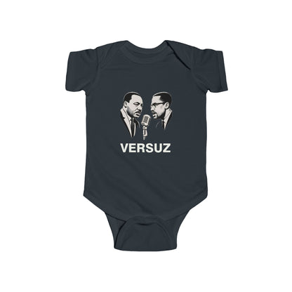 Navy blue baby onesie with graphic of two figures and 'VERSUZ' text on a white background