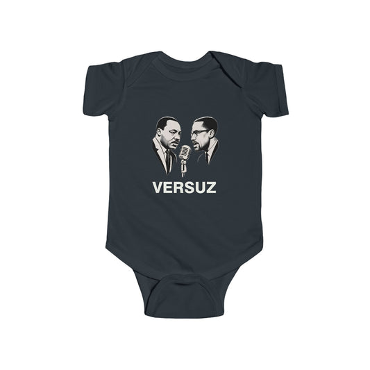 Gray baby onesie with a graphic of two men facing each other and the word 'VERSUZ' on a white background.