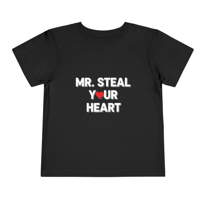 Black t-shirt with 'MR. STEAL YOUR HEART' text on a white background