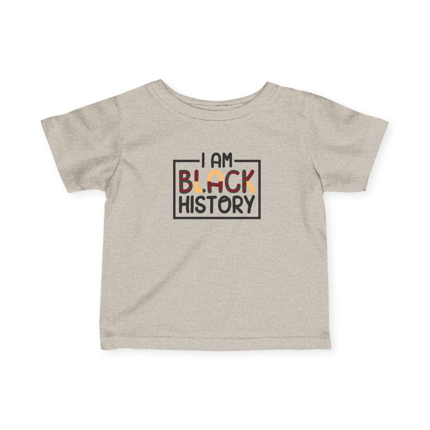 Beige t-shirt with 'I AM BLACK HISTORY' text on a white background