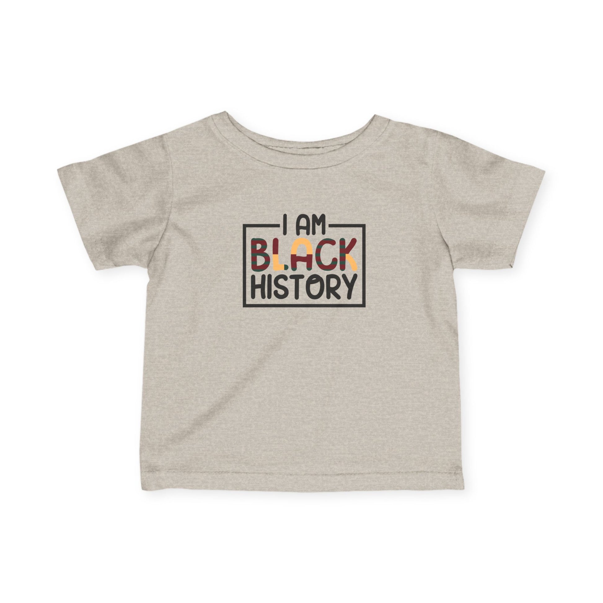 Beige t-shirt with 'I AM BLACK HISTORY' text on a white background