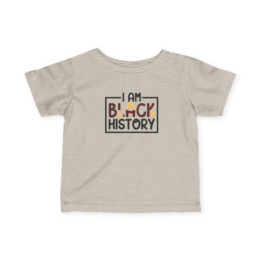 Beige t-shirt with 'I AM BLACK HISTORY' text on a white background