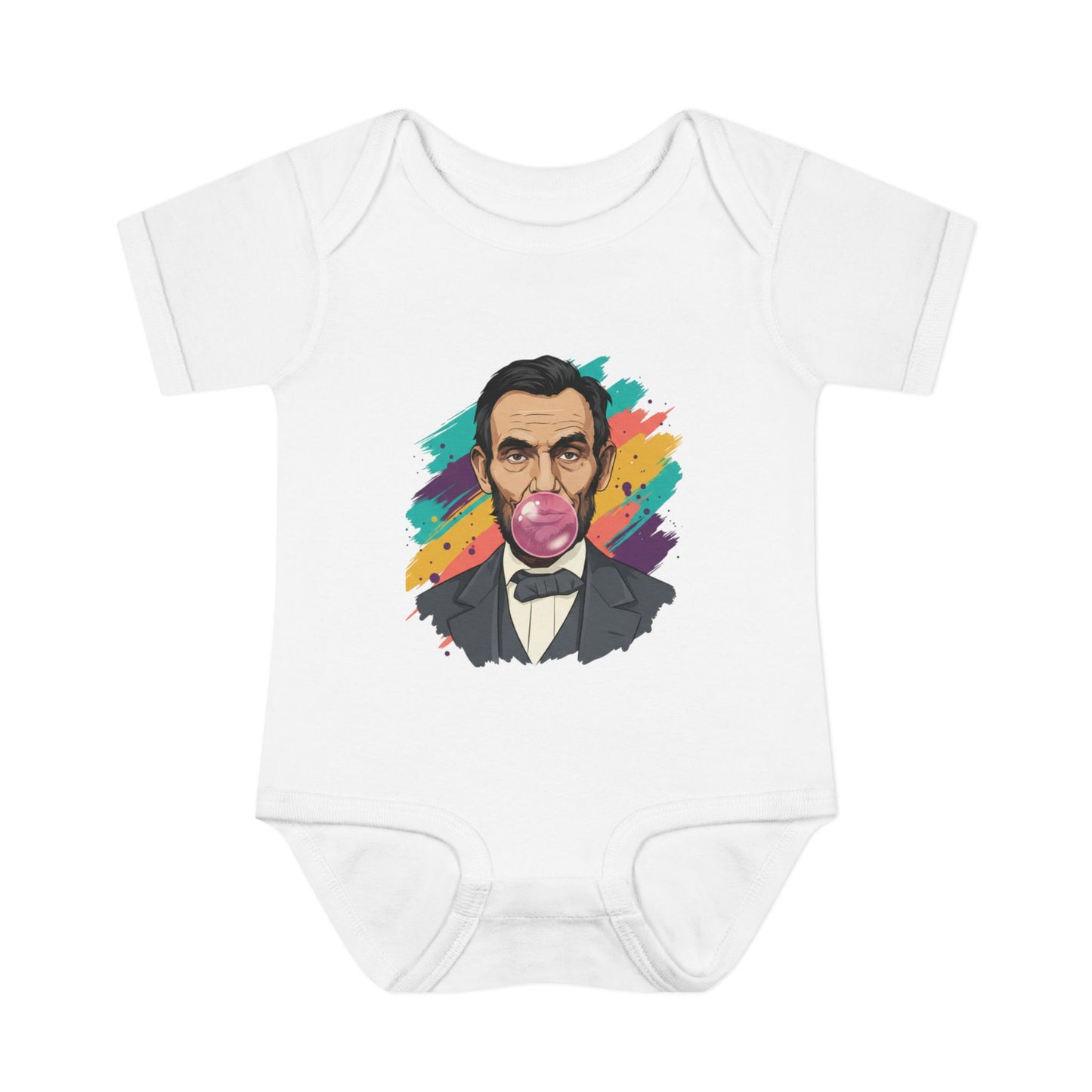 White baby onesie with a colorful graphic of a historical figure on a white background