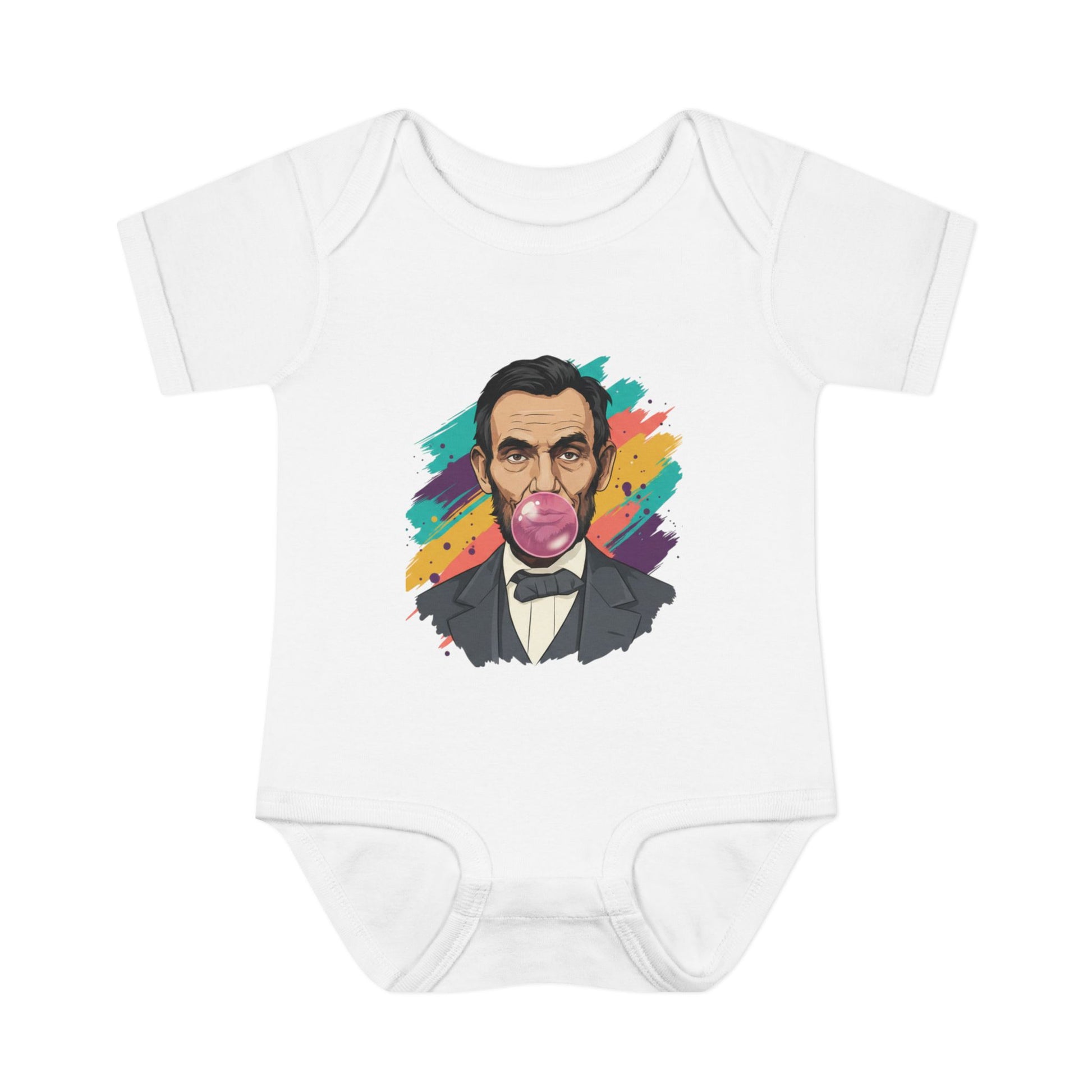 White baby onesie with a colorful graphic of a historical figure on a white background