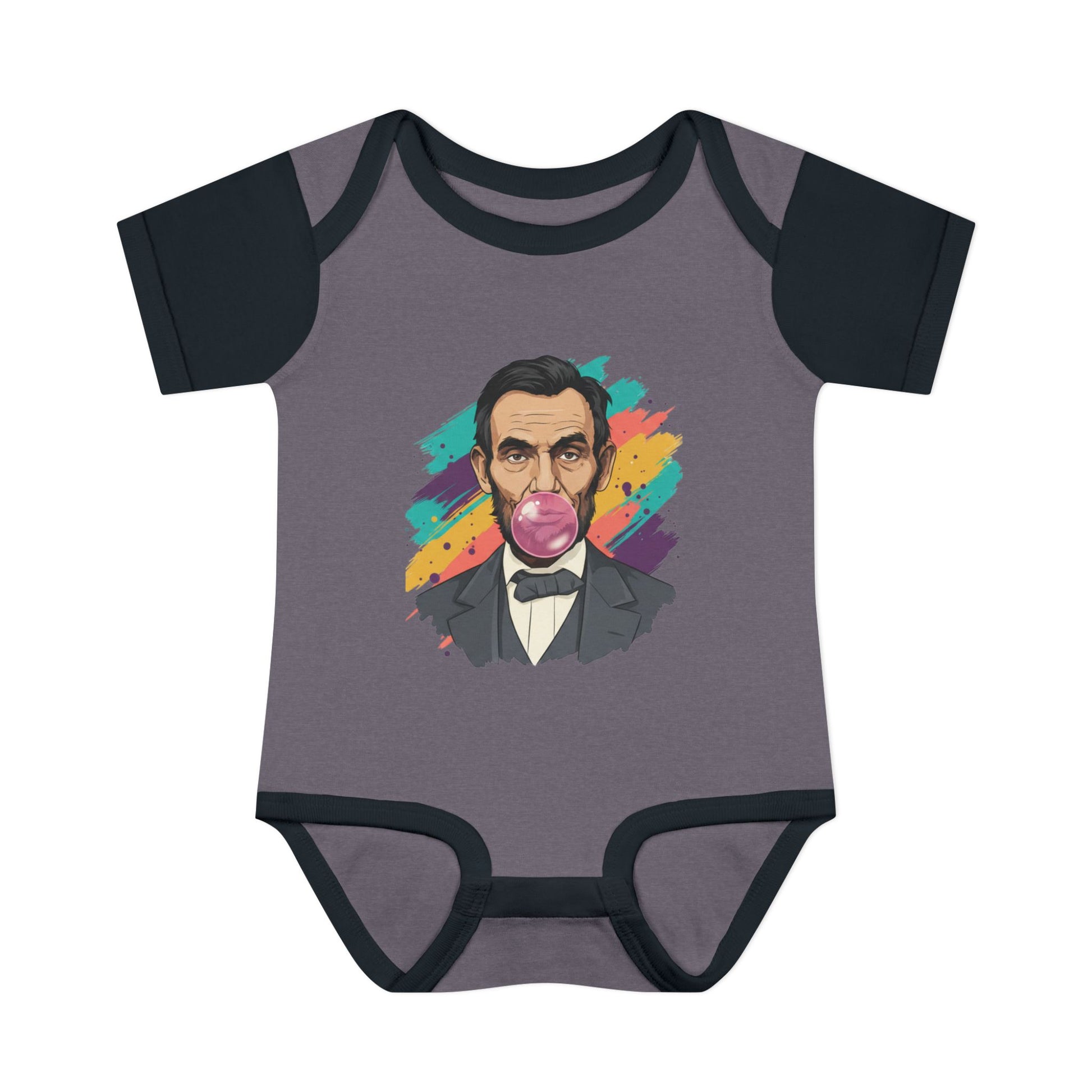 Gray baby onesie with colorful Abraham Lincoln graphic on a white background