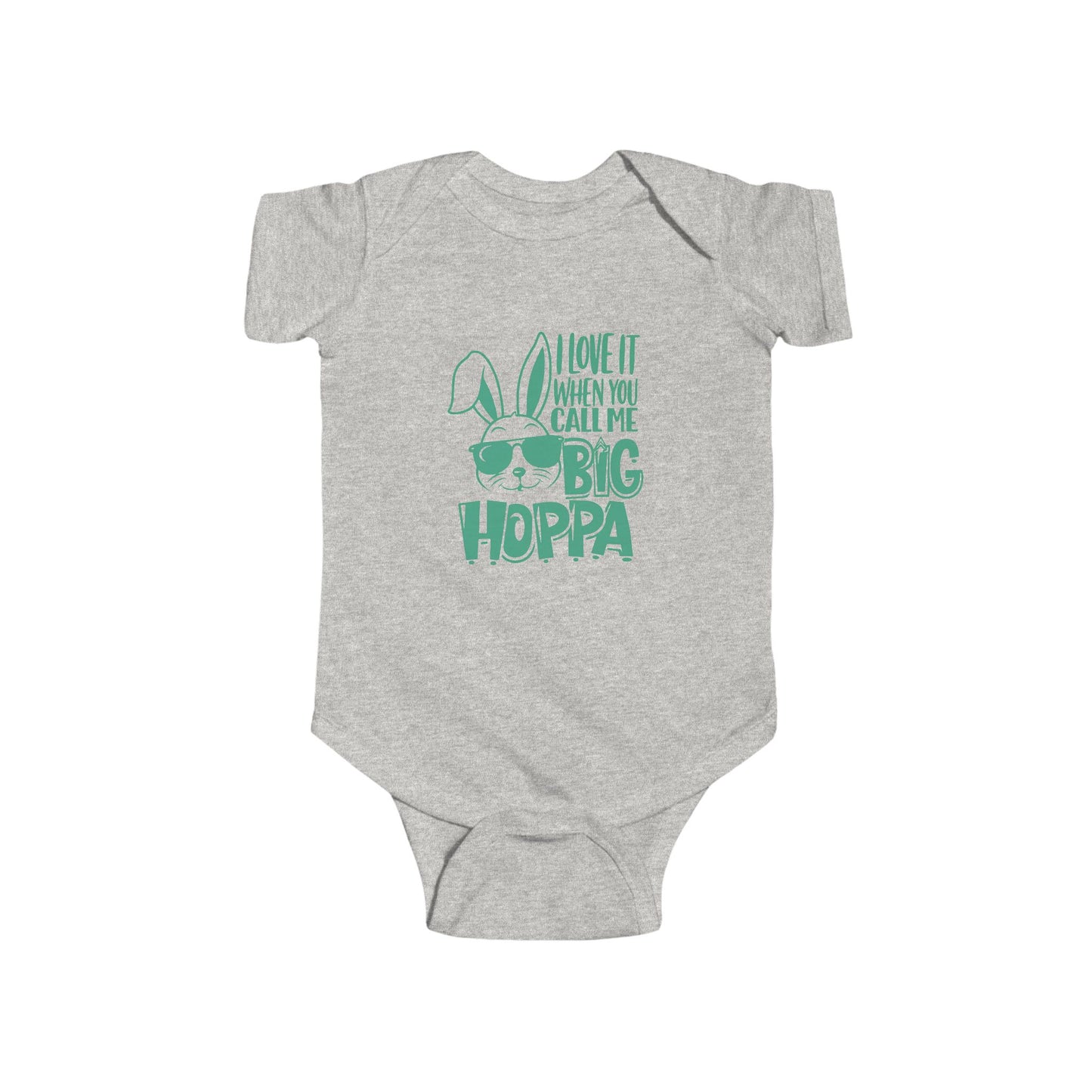 Gray baby onesie with green text and graphic on a white background