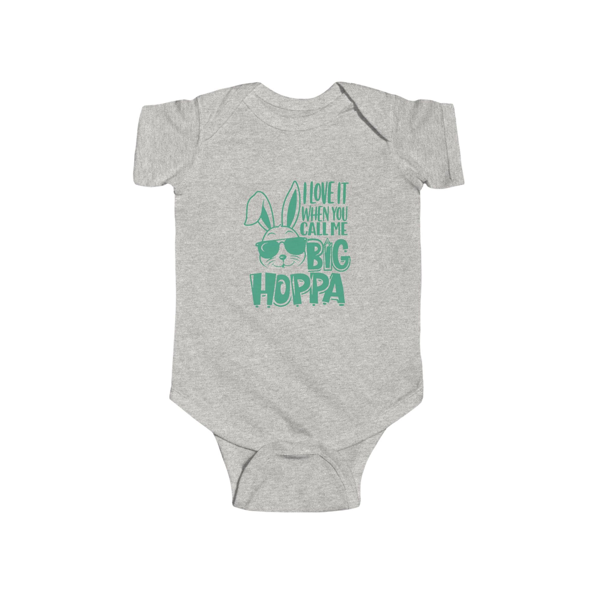Gray baby onesie with green text and graphic on a white background