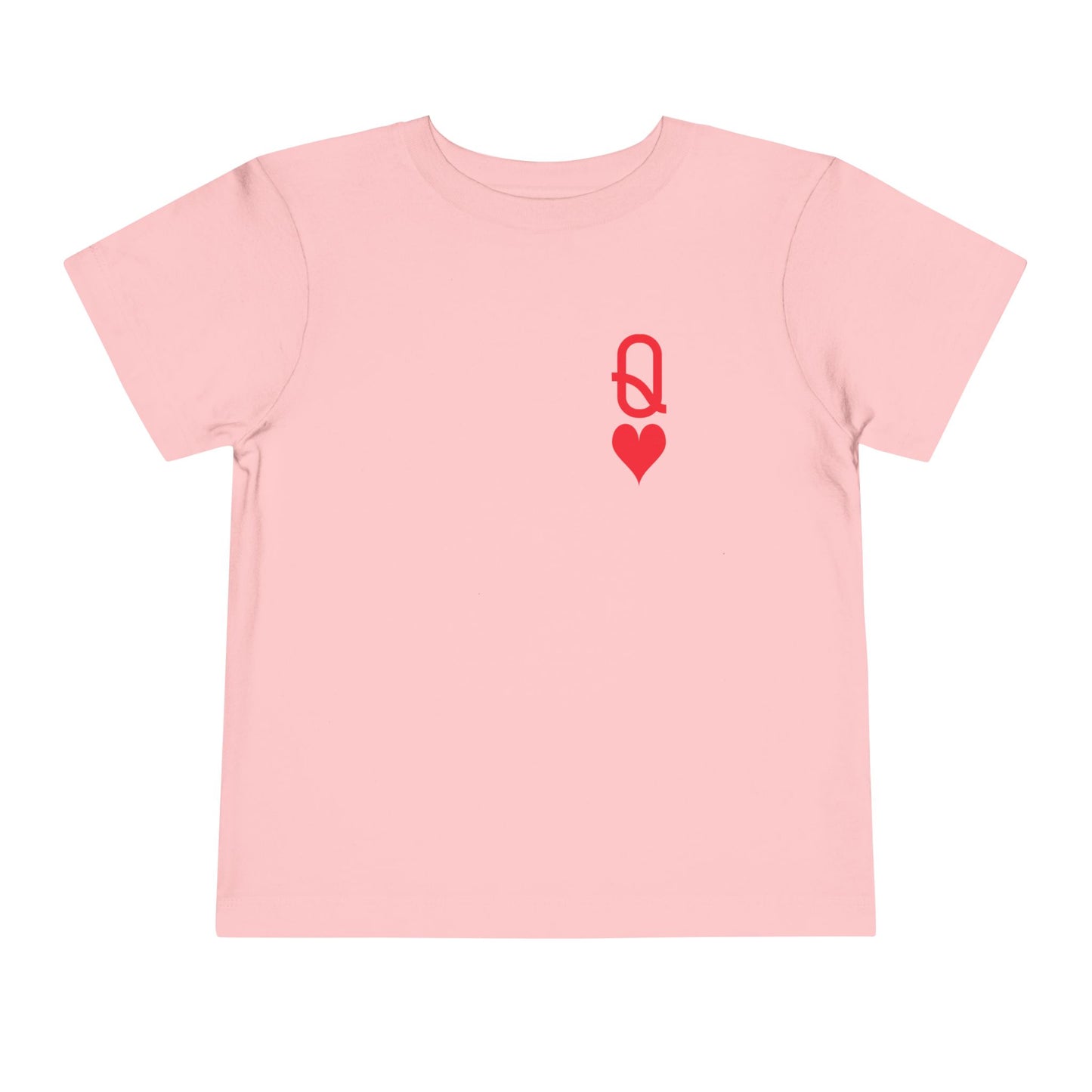 Pink t-shirt with a red heart and letter 'Q' design on a white background