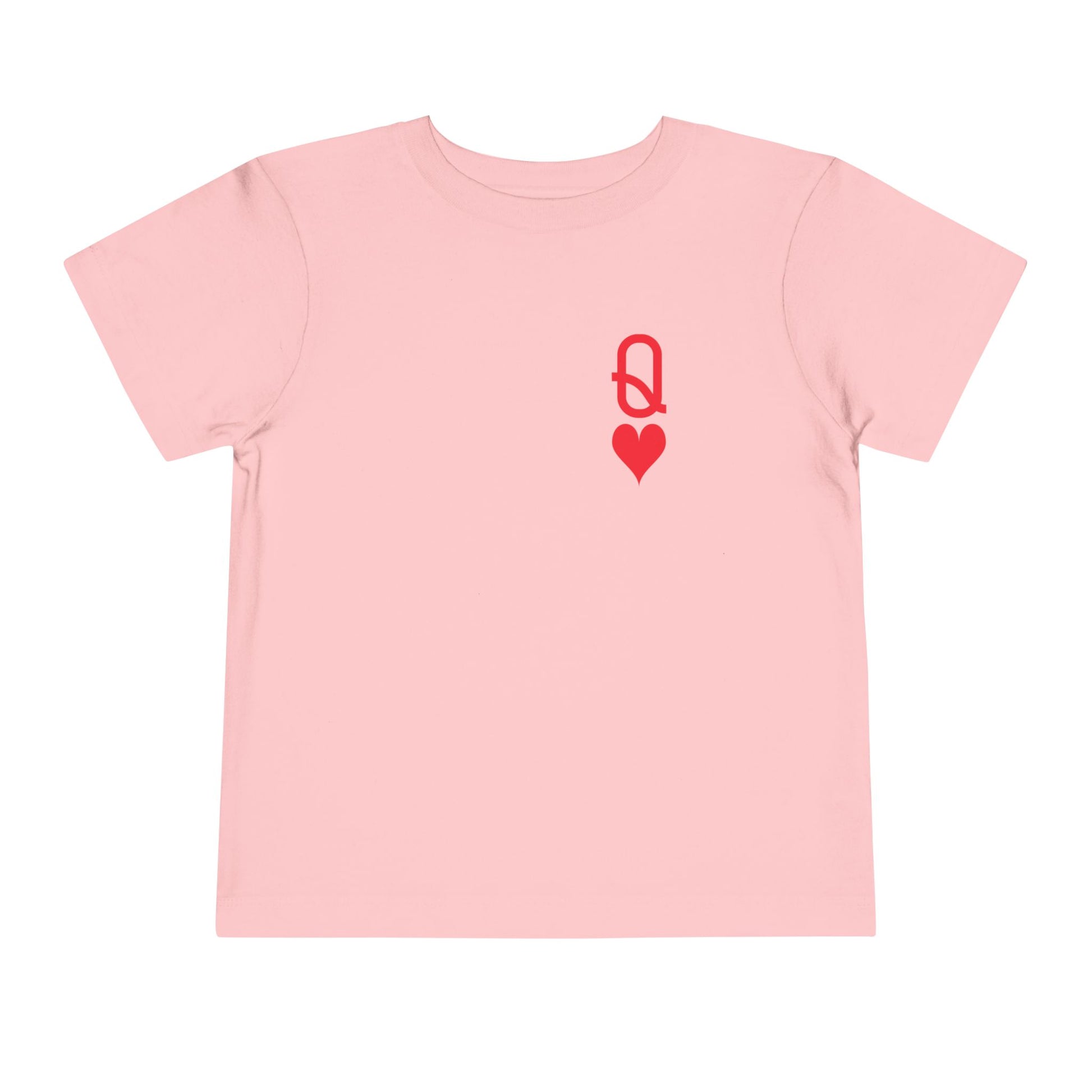 Pink t-shirt with a red heart and letter 'Q' design on a white background