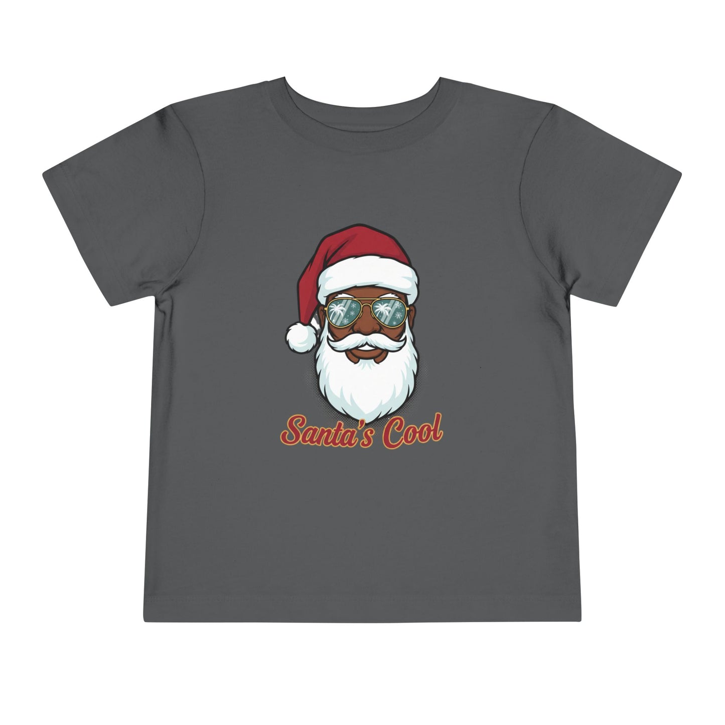 Gray t-shirt with a graphic of a Santa Claus face wearing sunglasses and the text 'Santa's Cool' on a white background.