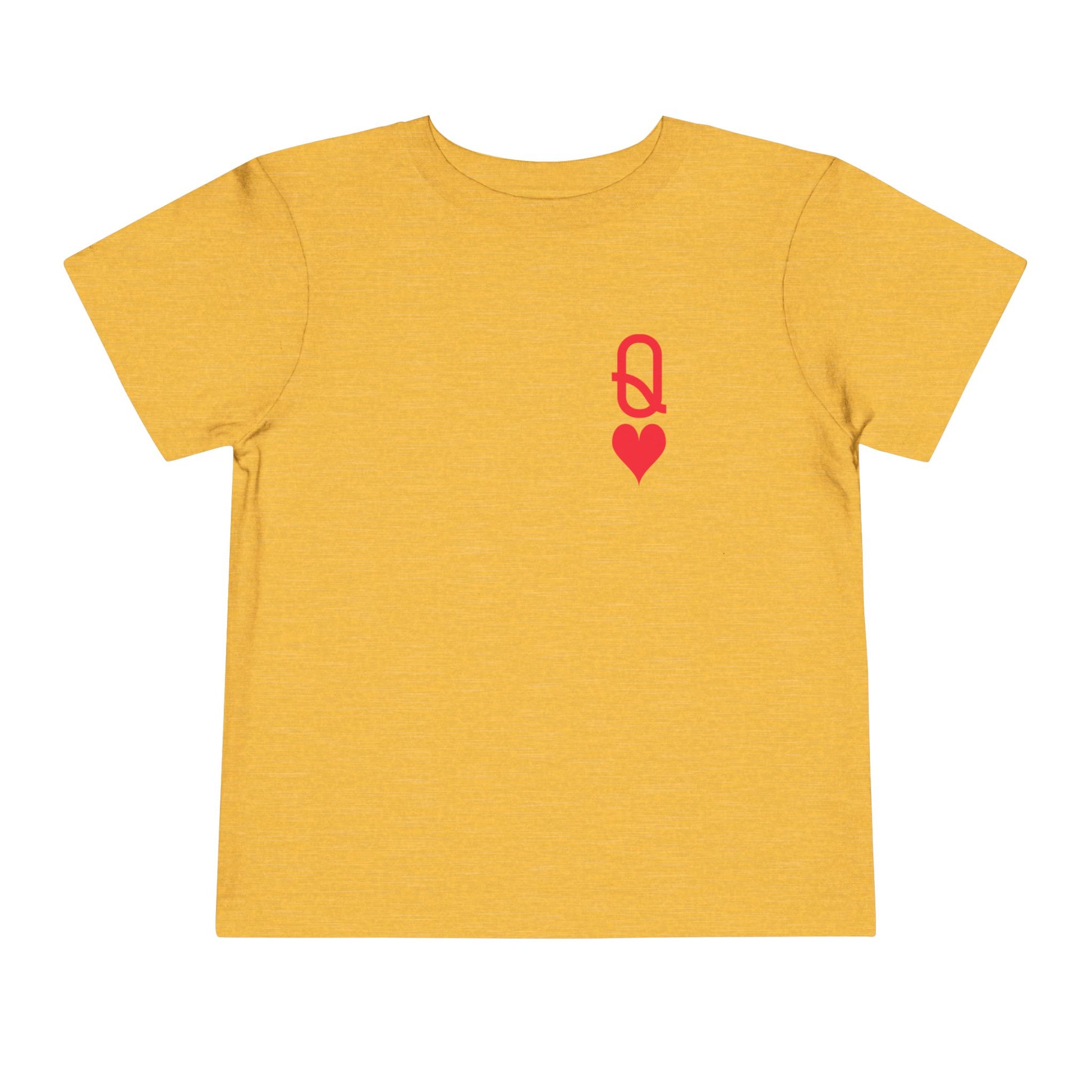 Yellow t-shirt with a red logo and heart on a white background