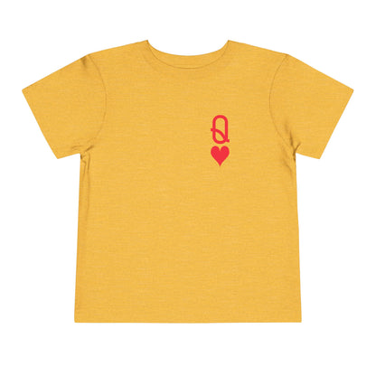Yellow t-shirt with a red logo and heart on a white background